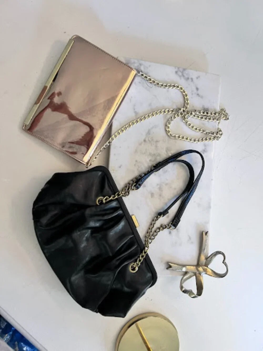 Set of 2 Evening Purses - Metallic rose-gold clutch & Soft black gathered purse